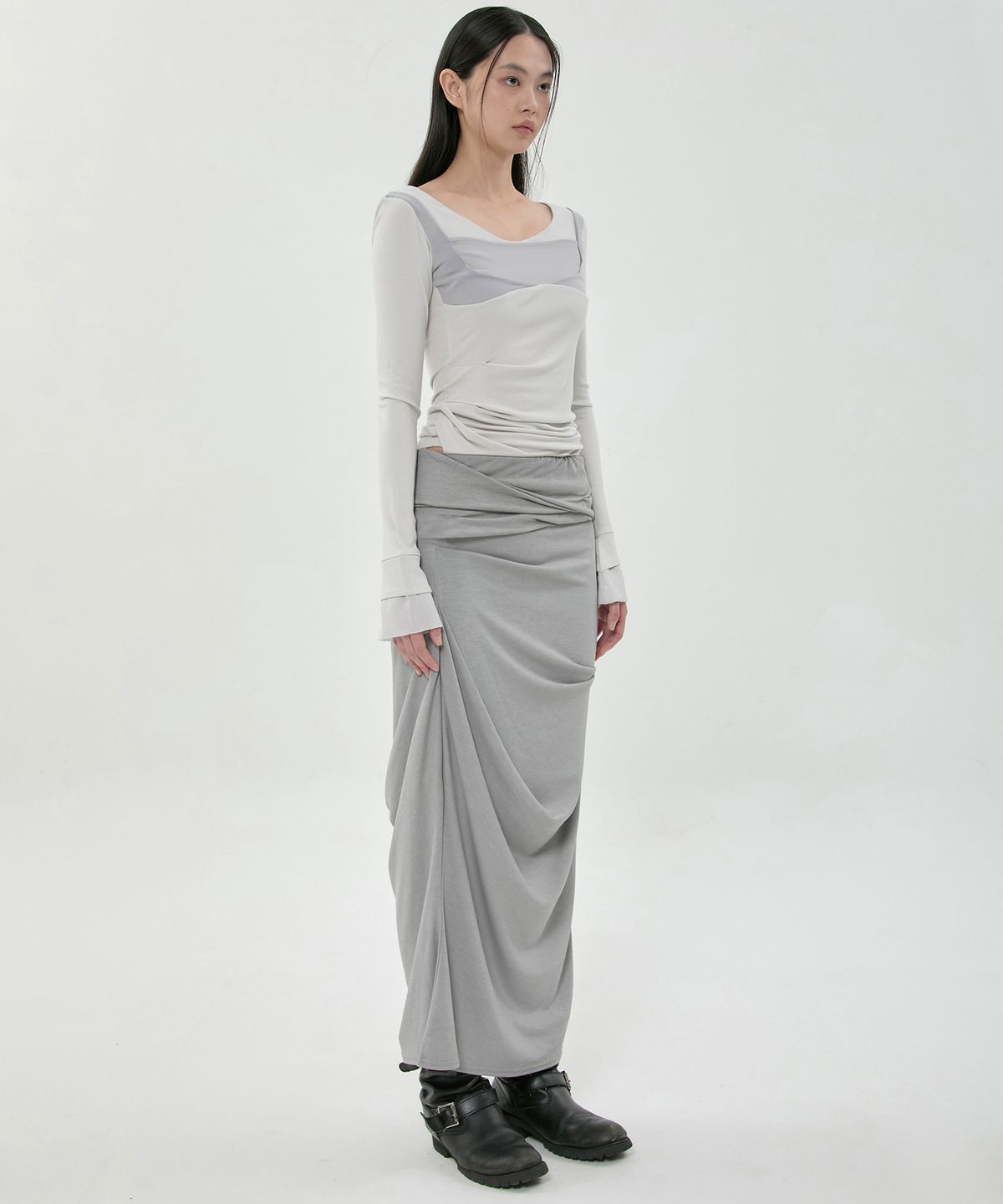 플레어업(FLAREUP) Sculpted Draped Long Skirt (FL-279_Gray)