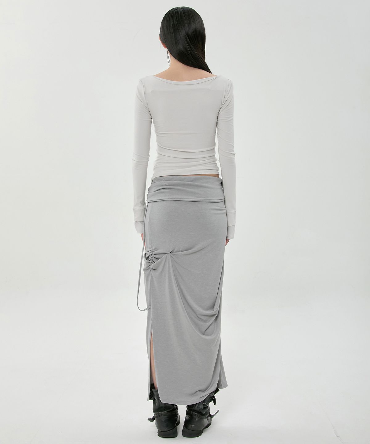 플레어업(FLAREUP) Sculpted Draped Long Skirt (FL-279_Gray)