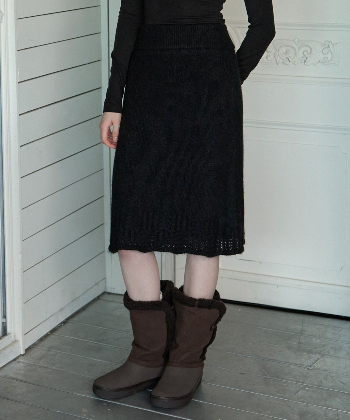 리엘(RE L) Shimmery knit skirt (black)