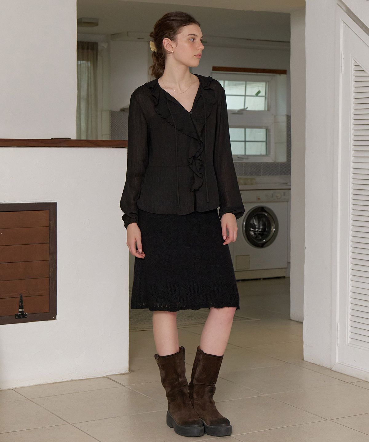 리엘(RE L) Shimmery knit skirt (black)