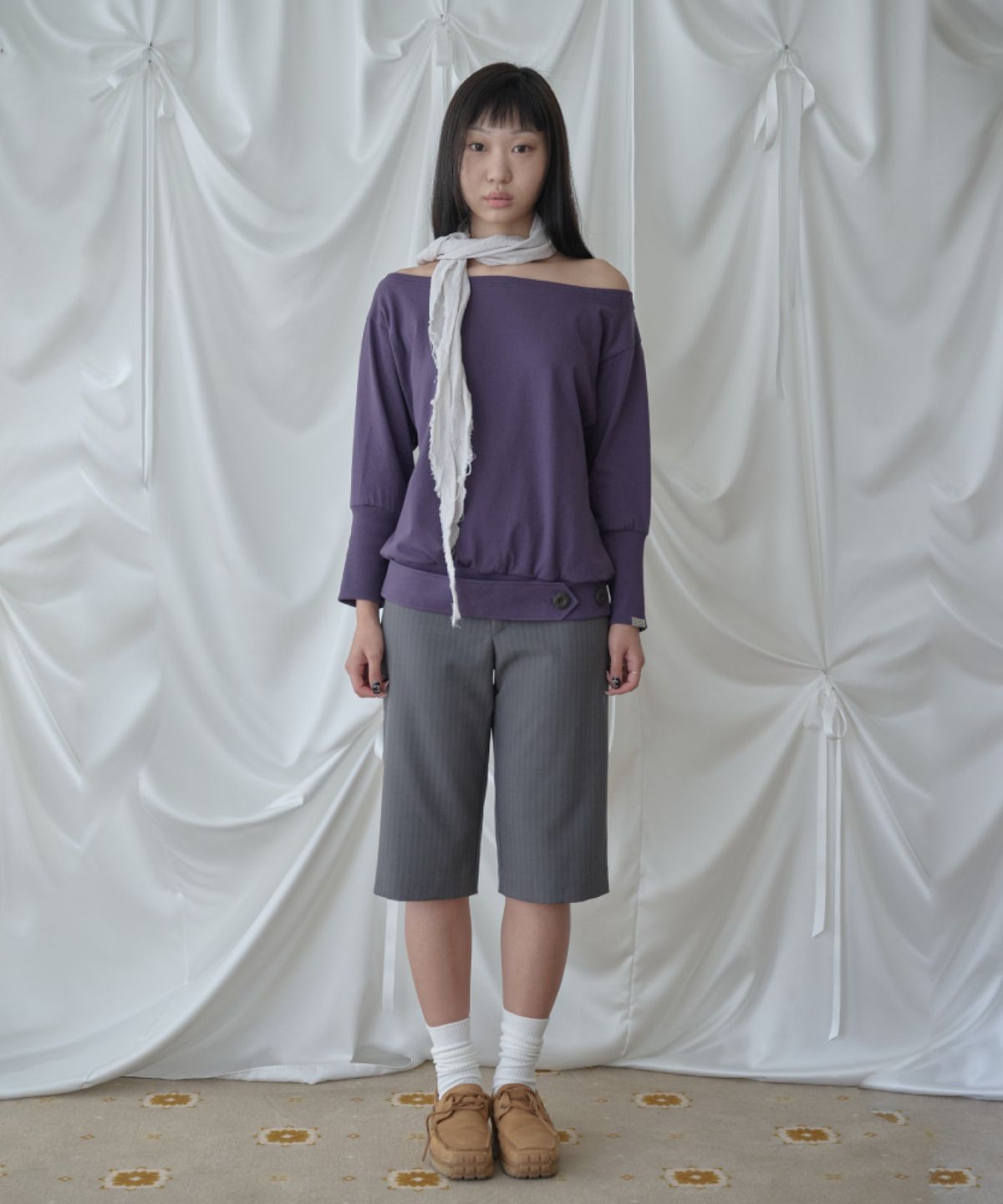 피브스피브스(PEEVES PEEVES) Wide Neck Draped Top / Purple