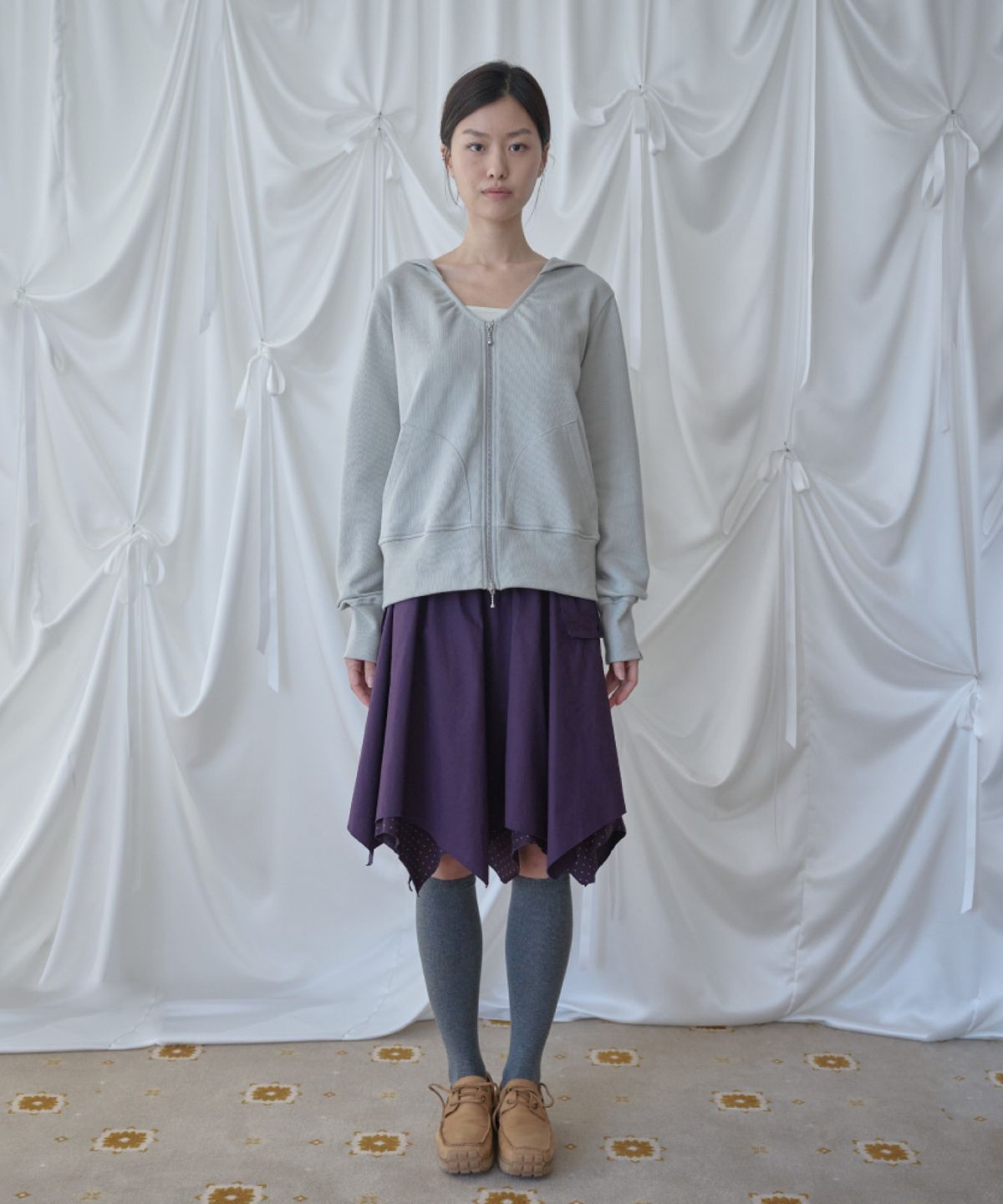 피브스피브스(PEEVES PEEVES) V-Neck Hooded Zip-Up Cardigan / Light Grey