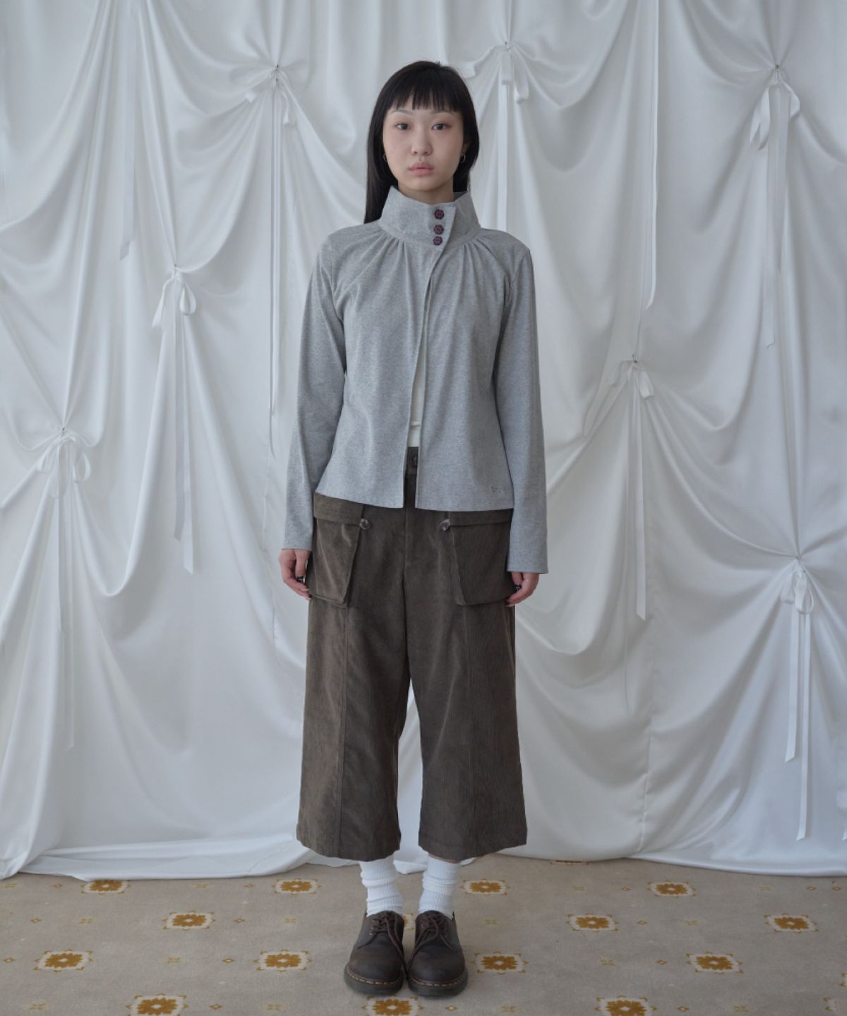 피브스피브스(PEEVES PEEVES) Open Collar Gathered Cardigan / M. Grey