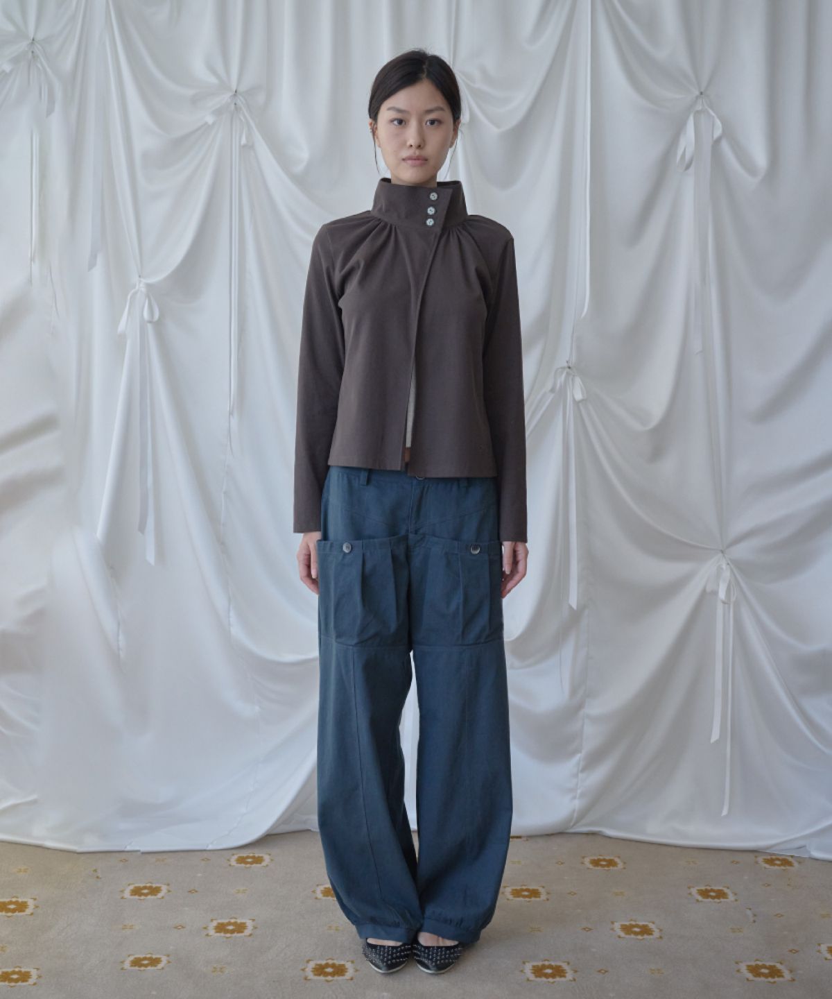 피브스피브스(PEEVES PEEVES) Open Collar Gathered Cardigan / Brown