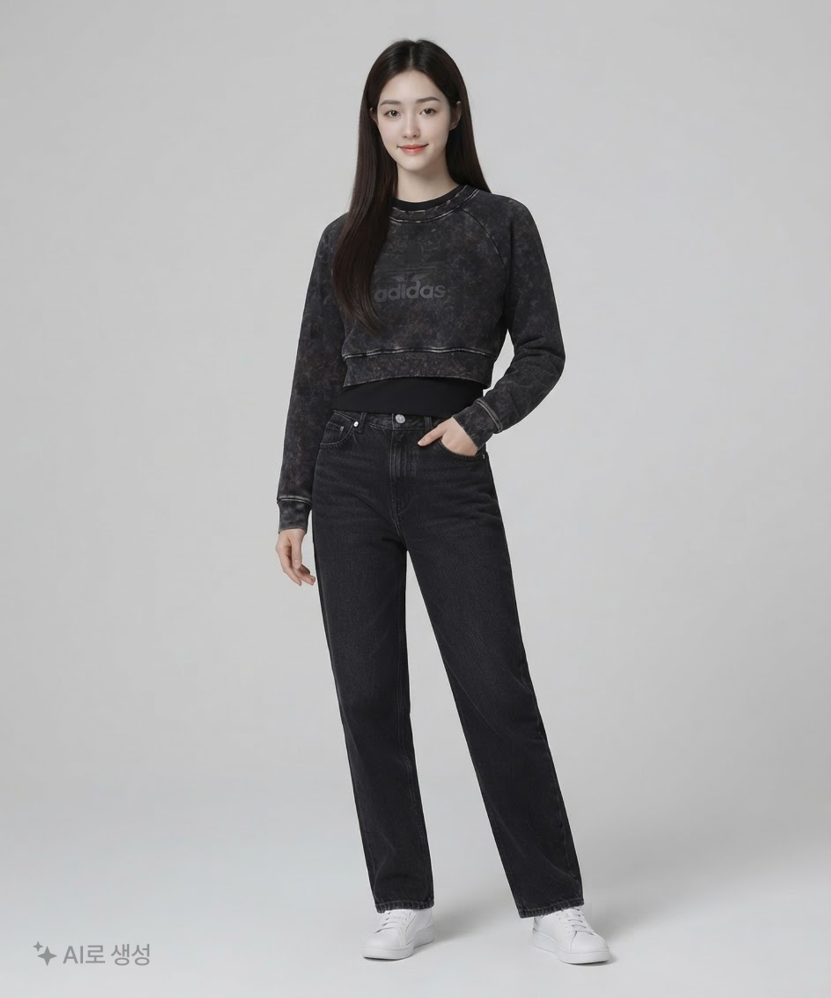 아디다스(ADIDAS) 워시드 크롭 맨투맨 - 블랙 / IW5559 S