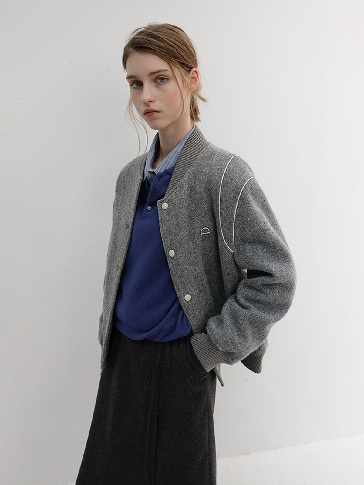 던스트(DUNST) UNISEX BOUCLE WOOL VARSITY JACKET_UDJU6D124_MELANGE GREY