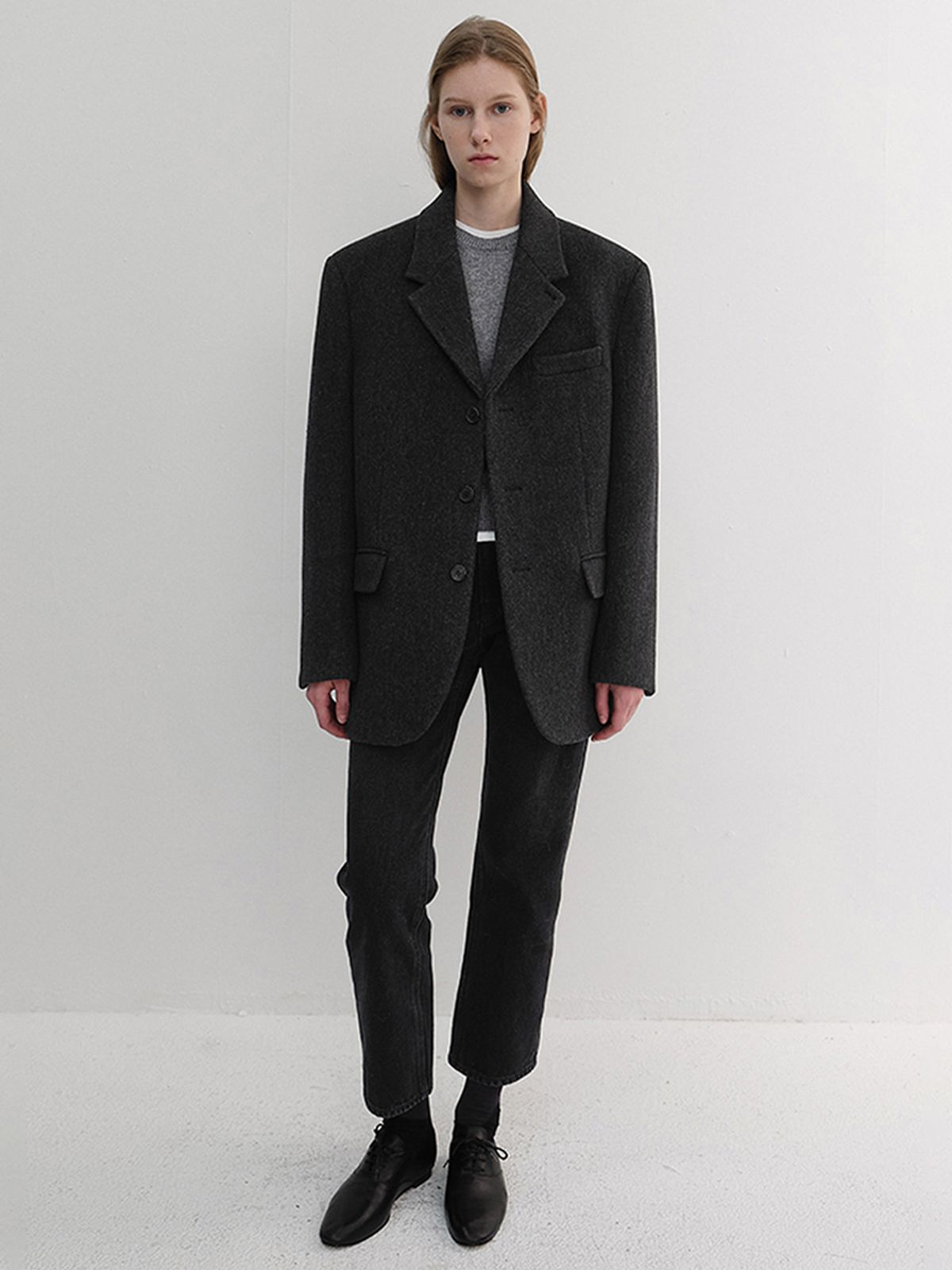 던스트(DUNST) UNISEX 2-WAY 3 BUTTON BLAZER_UDJA6D122_CHARCOAL GREY