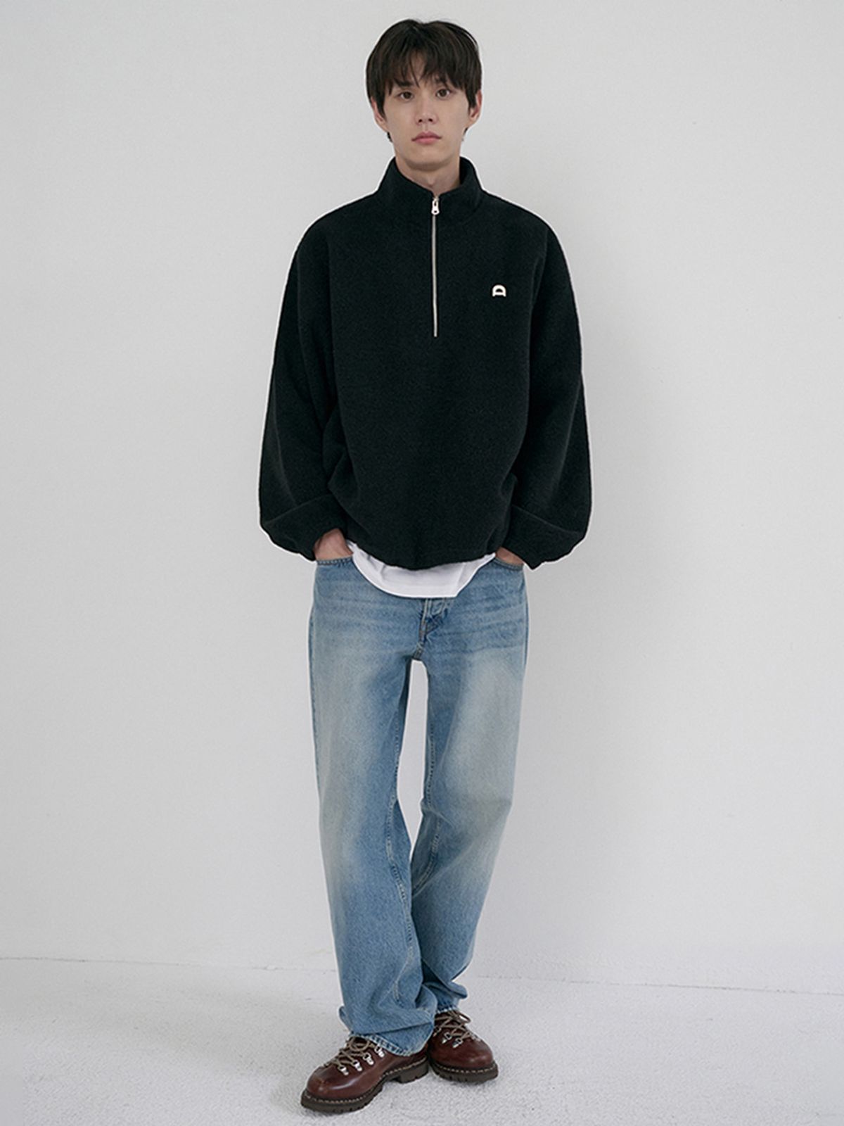 던스트 포 맨(DUNST FOR MEN) UNISEX HALF ZIP-UP FLEECE SWEATSHIRT_UDJU6D136_BLACK