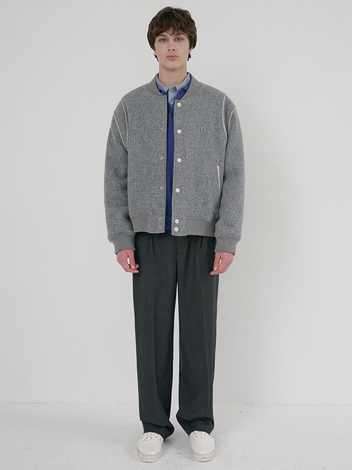 던스트 포 맨(DUNST FOR MEN) UNISEX BOUCLE WOOL VARSITY JACKET_UDJU6D124_MELANGE GREY