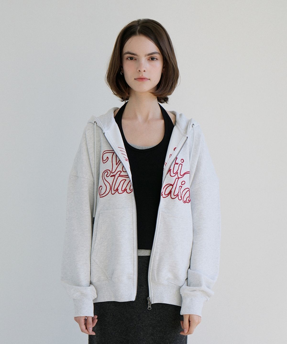블레티(VLETI) Cotton Oversized Embroidered Two-Way Zip-Up Hoodie(white melange)