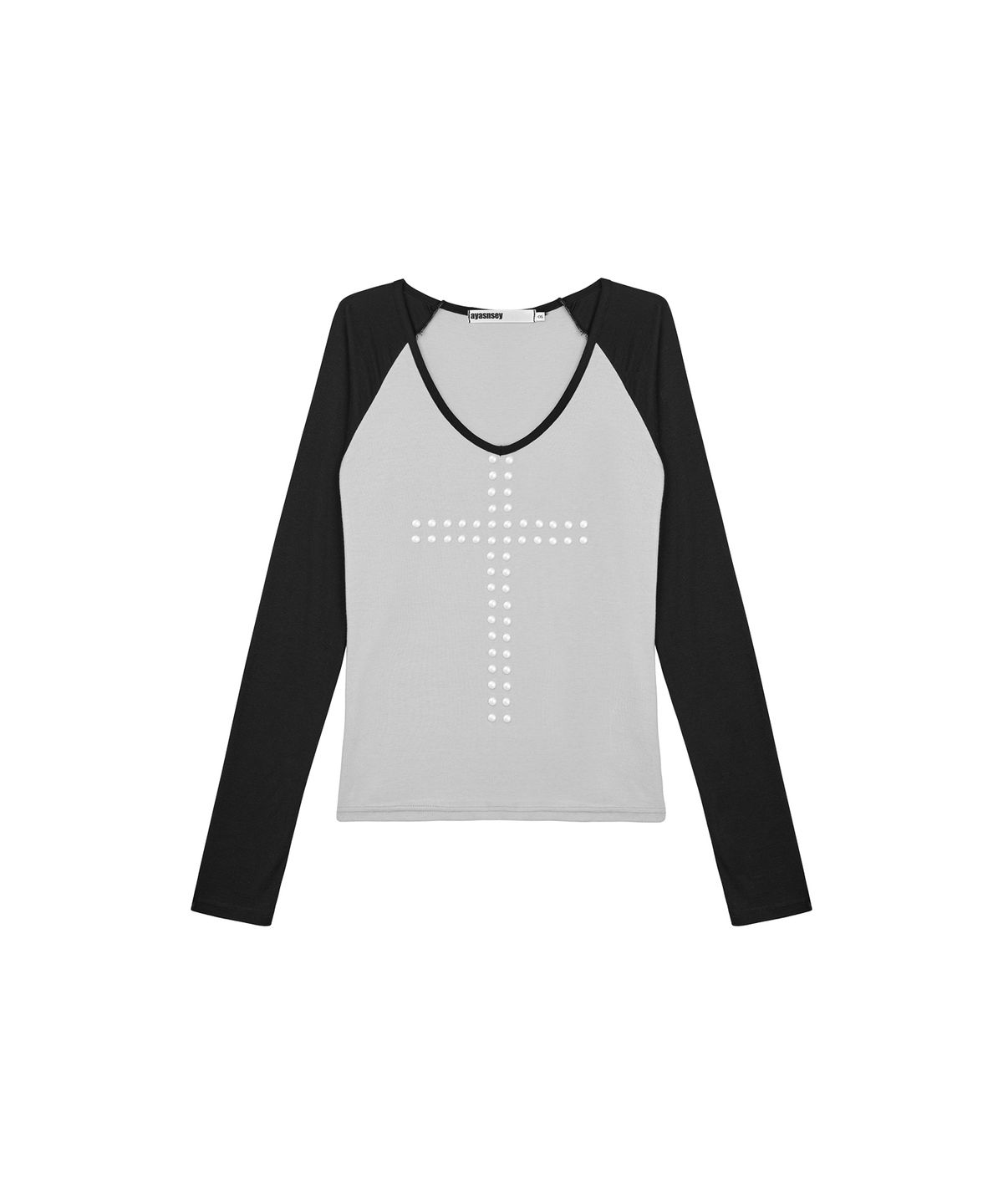아야즈앤세이(AYASNSEY) ASA CROSS PEARL RAGLAN V-NECK LONG SLEEVE TOP