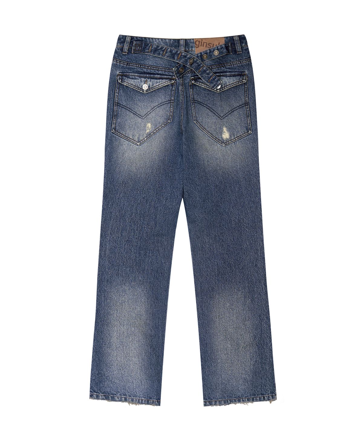 긴스키(GINSUKI) [긴스키 X 물바다]BACK STRAP WASHED FLARE DENIM PANTS (BLUE)