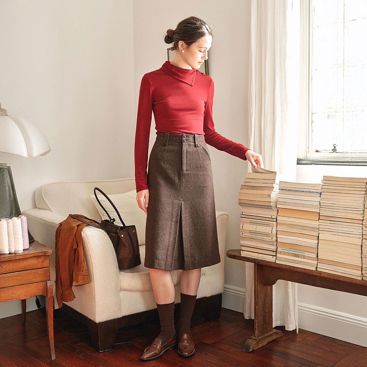 심플레트로(SIMPLE RETRO) SR_Brown herringbone pleated skirt