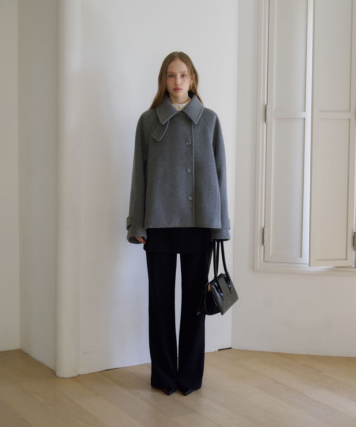 드헤베(DEHEVE) Crescent Cashmere Wool Short Coat [Gray]