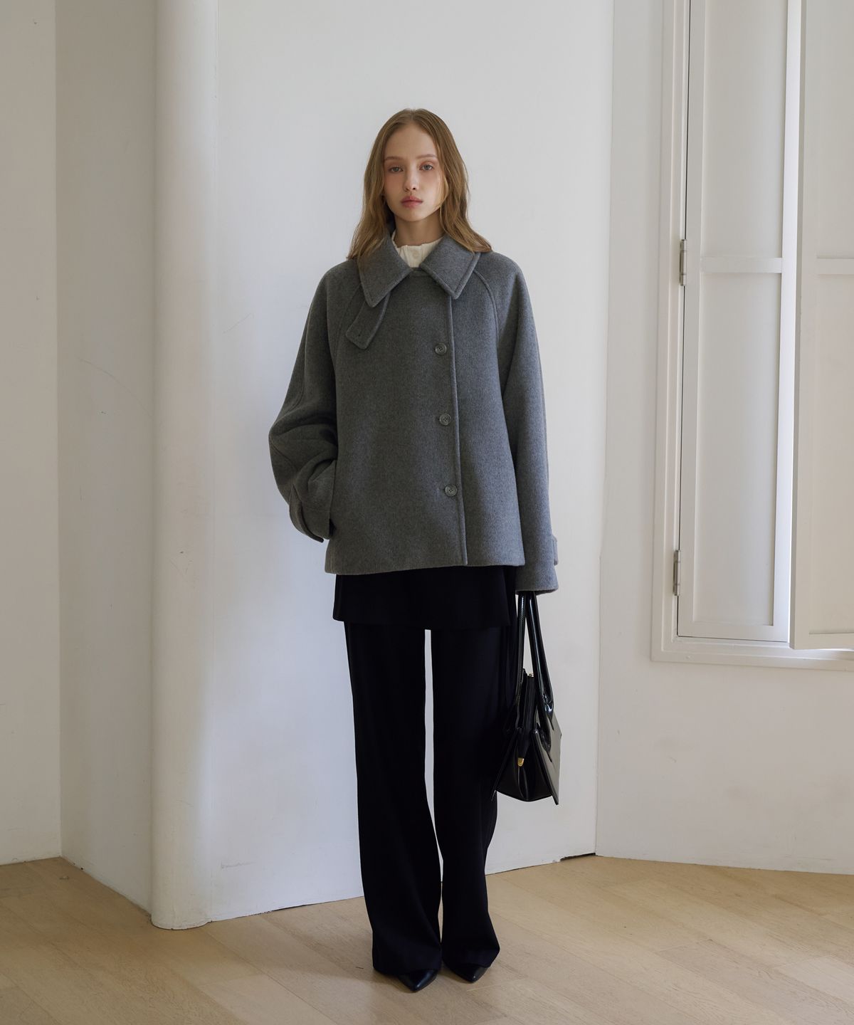 드헤베(DEHEVE) Crescent Cashmere Wool Short Coat [Gray]