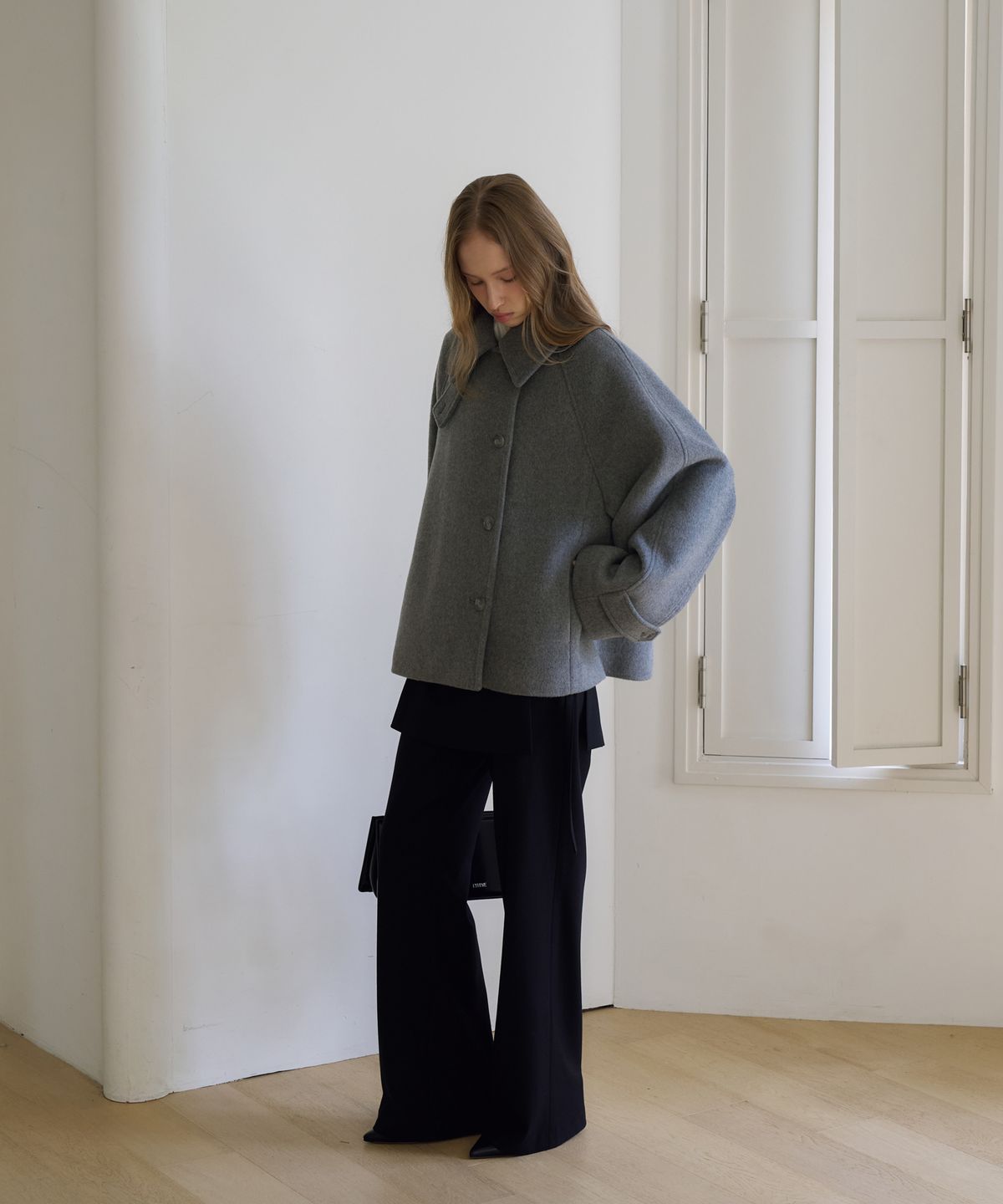 드헤베(DEHEVE) Crescent Cashmere Wool Short Coat [Gray]