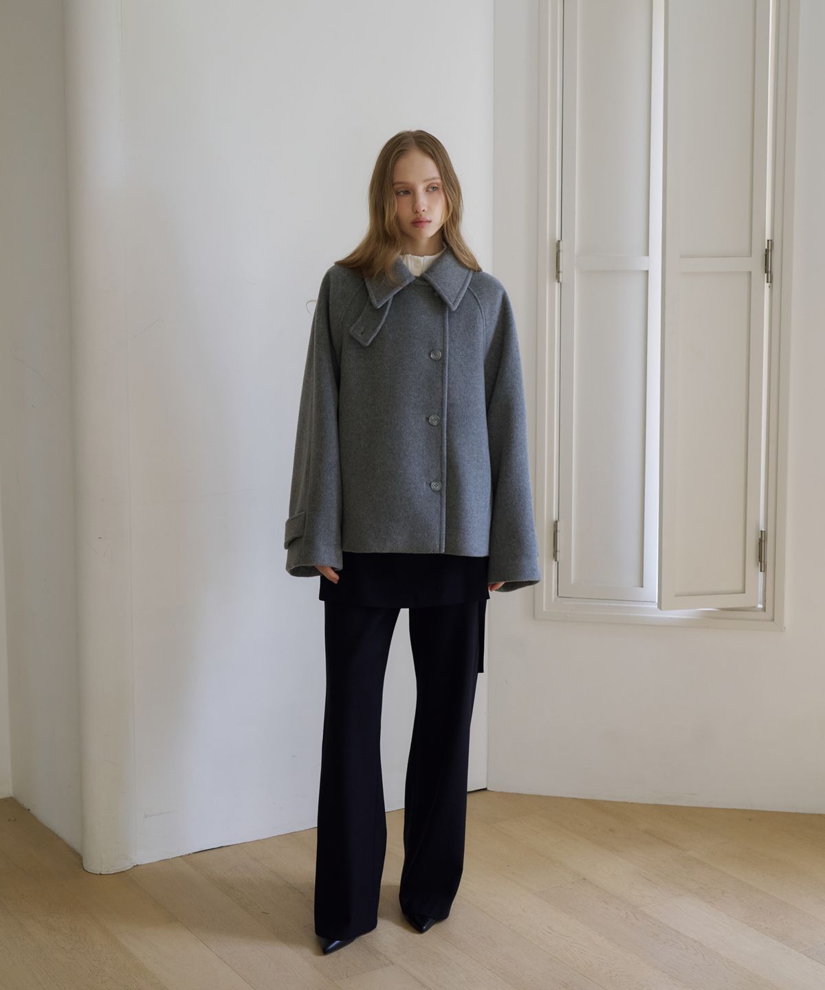 드헤베(DEHEVE) Crescent Cashmere Wool Short Coat [Gray]