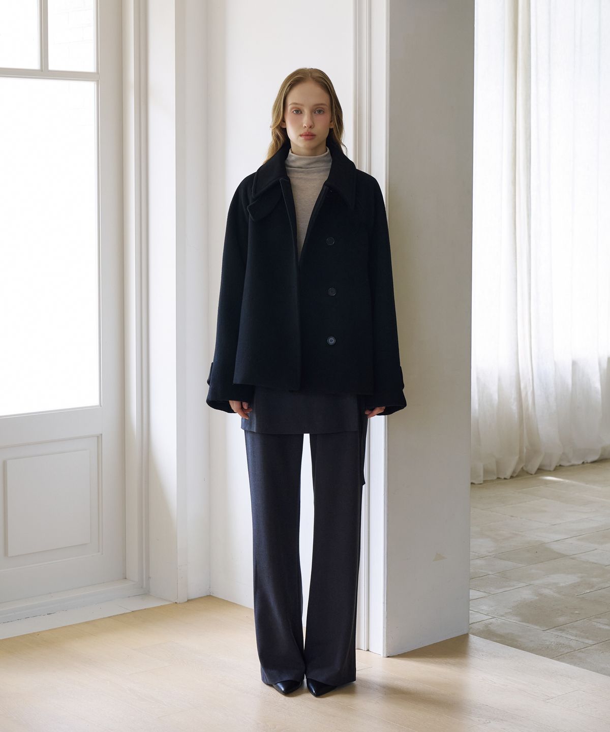 드헤베(DEHEVE) Essential Wool Double Half Coat [Black]