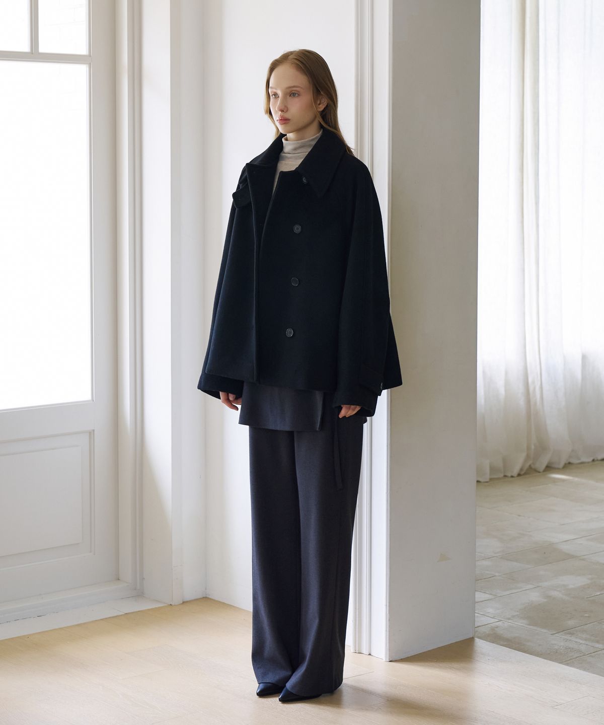 드헤베(DEHEVE) Essential Wool Double Half Coat [Black]