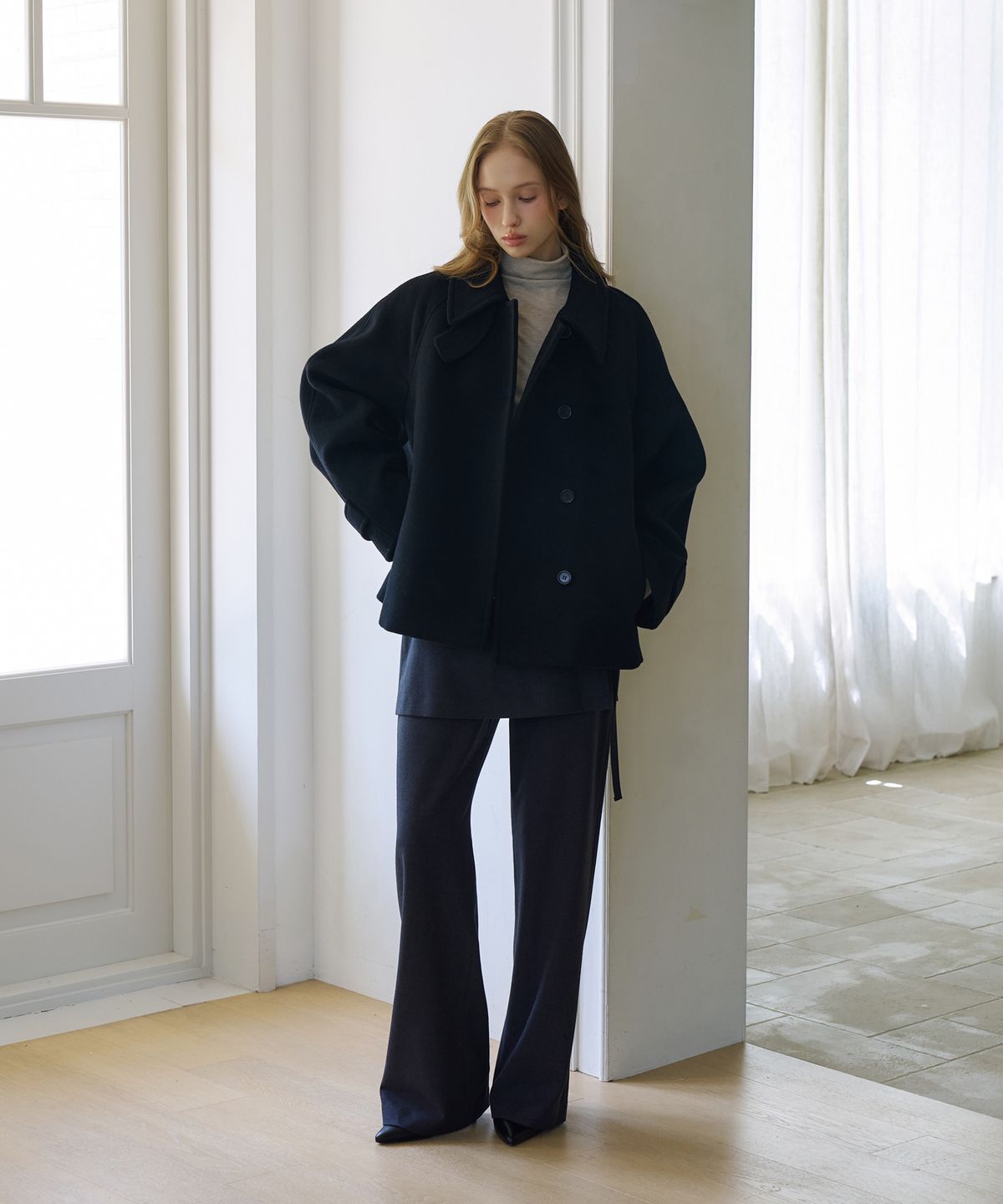 드헤베(DEHEVE) Essential Wool Double Half Coat [Black]