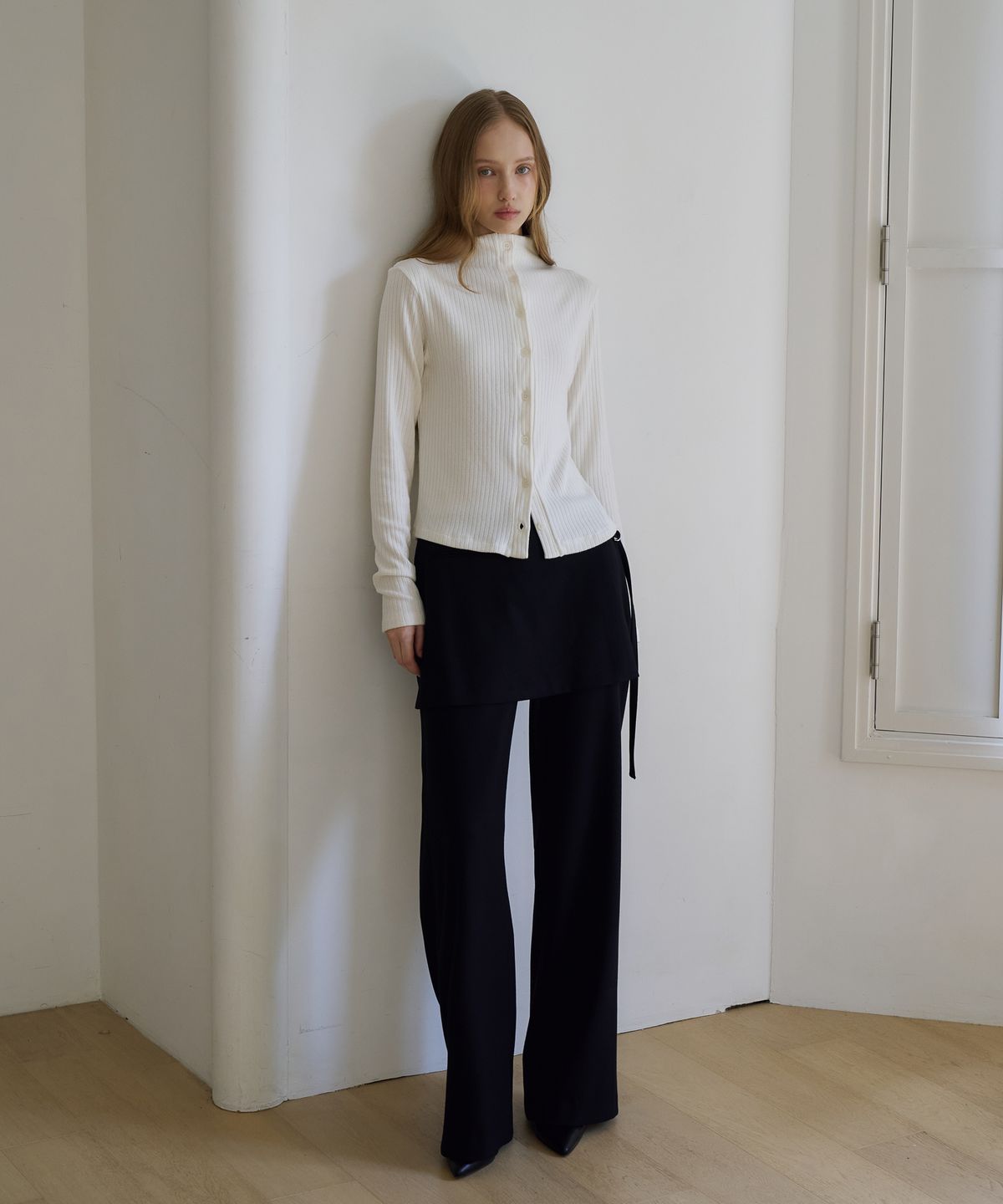 드헤베(DEHEVE) High Neck Button Cardigan [Ivory]