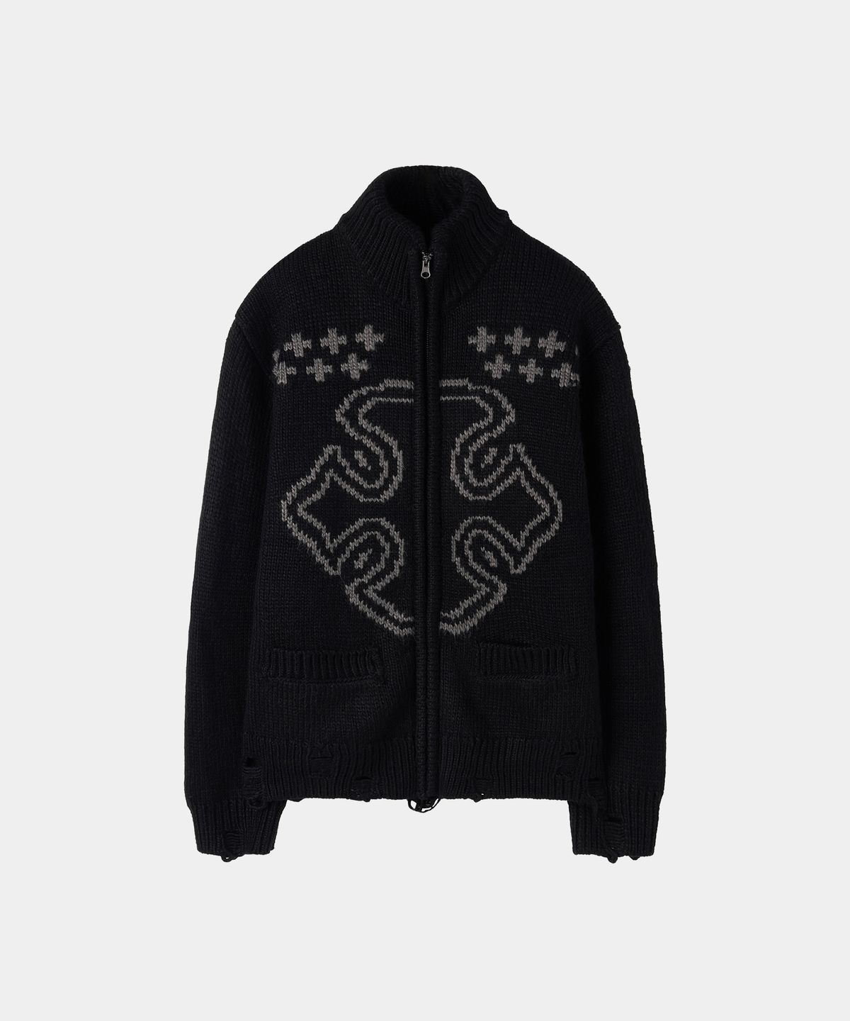메종미네드(MAISON MINED) CELTIC CROSS KNIT ZIP-UP BLACK