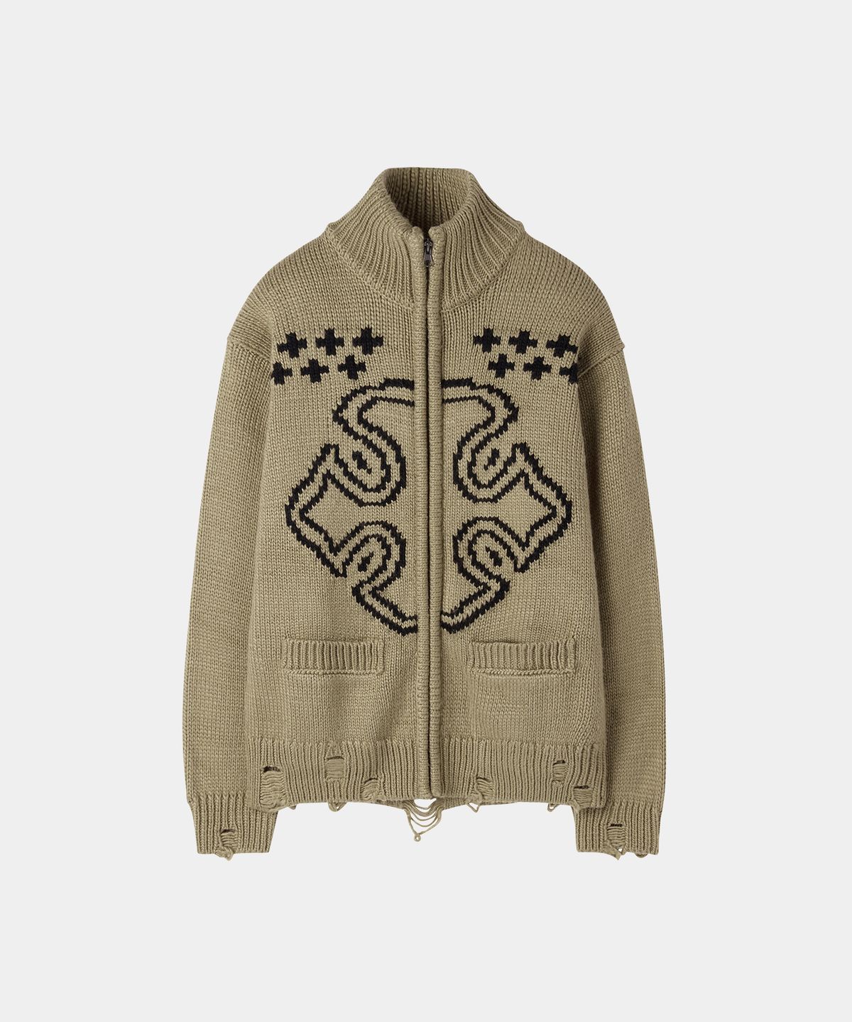 메종미네드(MAISON MINED) CELTIC CROSS KNIT ZIP-UP BROWN