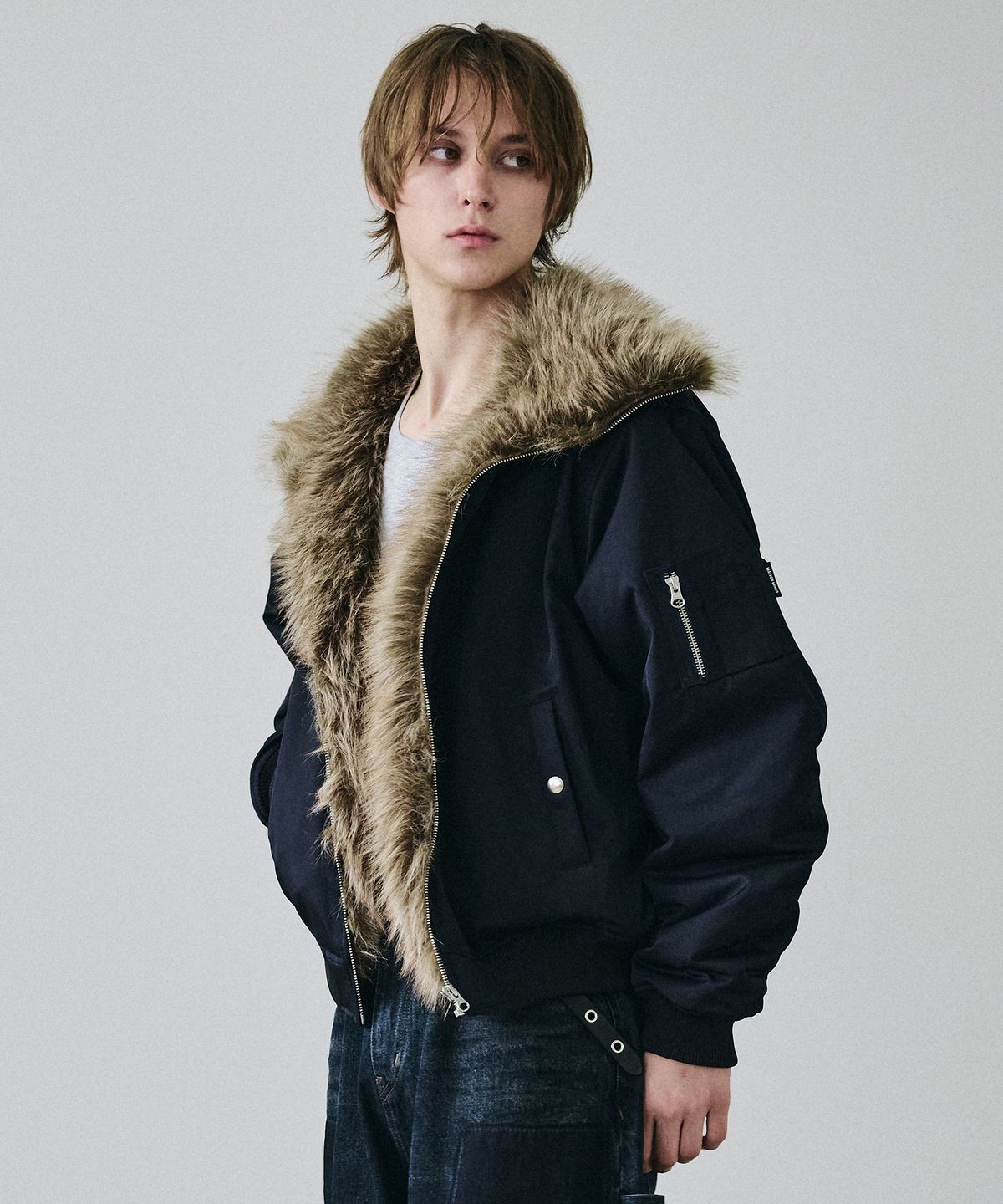 메종미네드(MAISON MINED) HIGH NECK FUR BOMBER NAVY