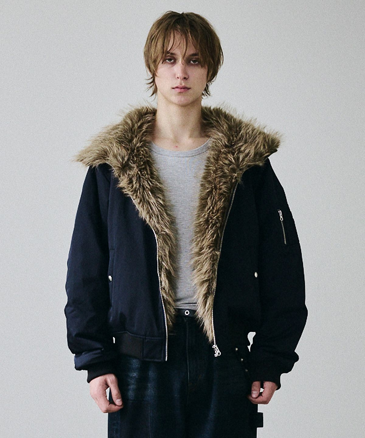 메종미네드(MAISON MINED) HIGH NECK FUR BOMBER NAVY