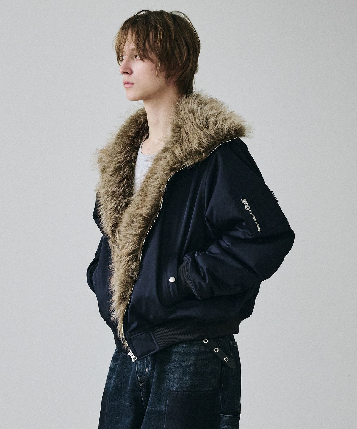 메종미네드(MAISON MINED) HIGH NECK FUR BOMBER NAVY