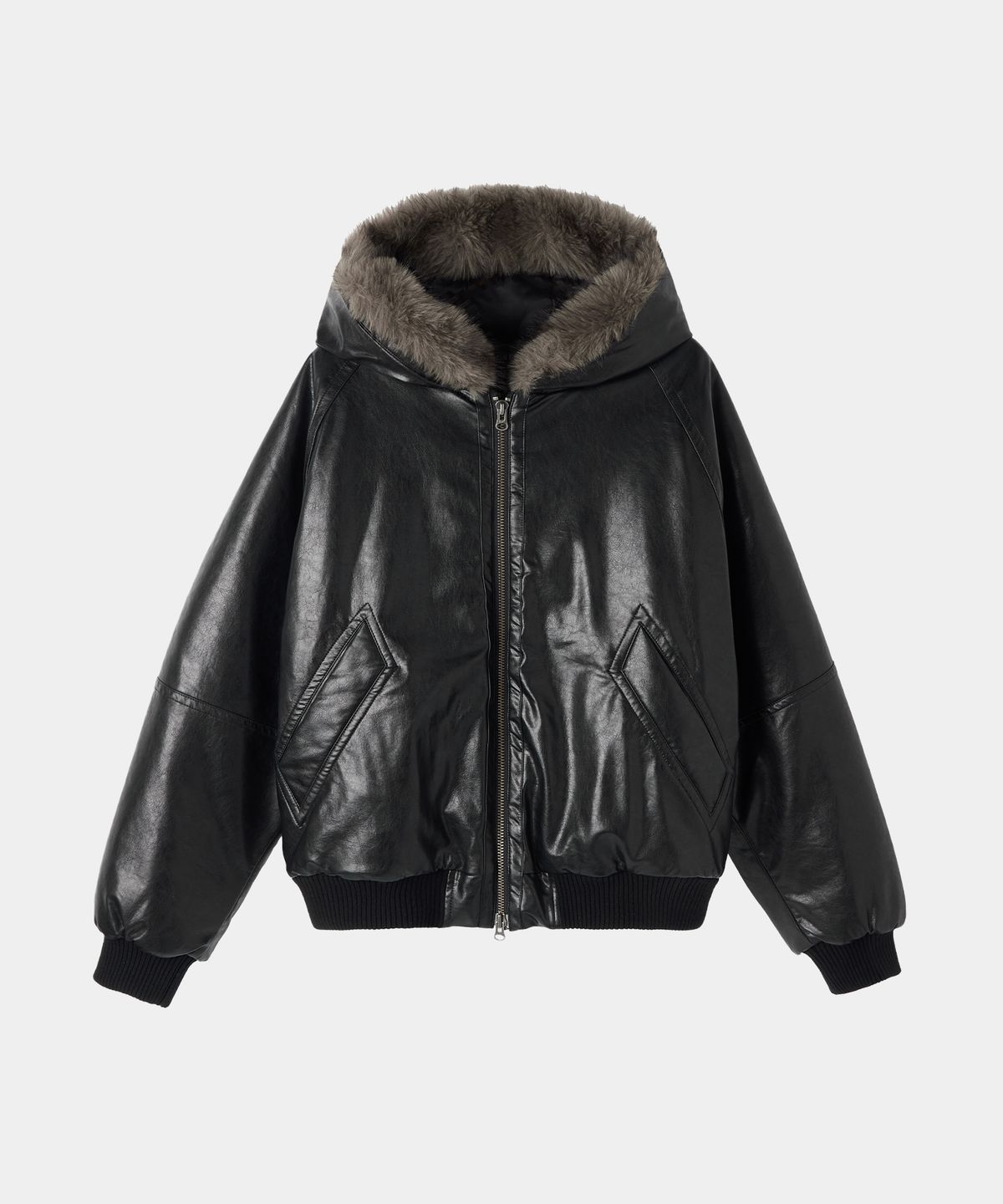 메종미네드(MAISON MINED) FUR-TRIMMED HOODED HEAVY JUMPER BLACK