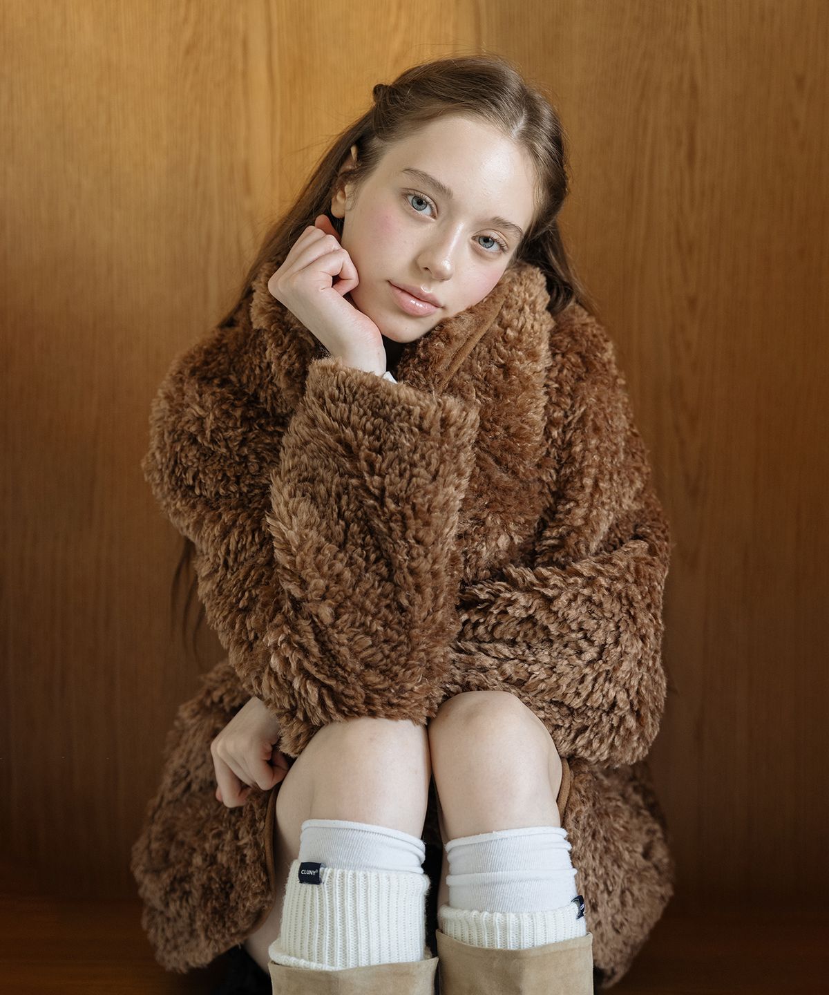 클루니(CLUNY) [SET] Muffler + Fur Half Coat - Brown