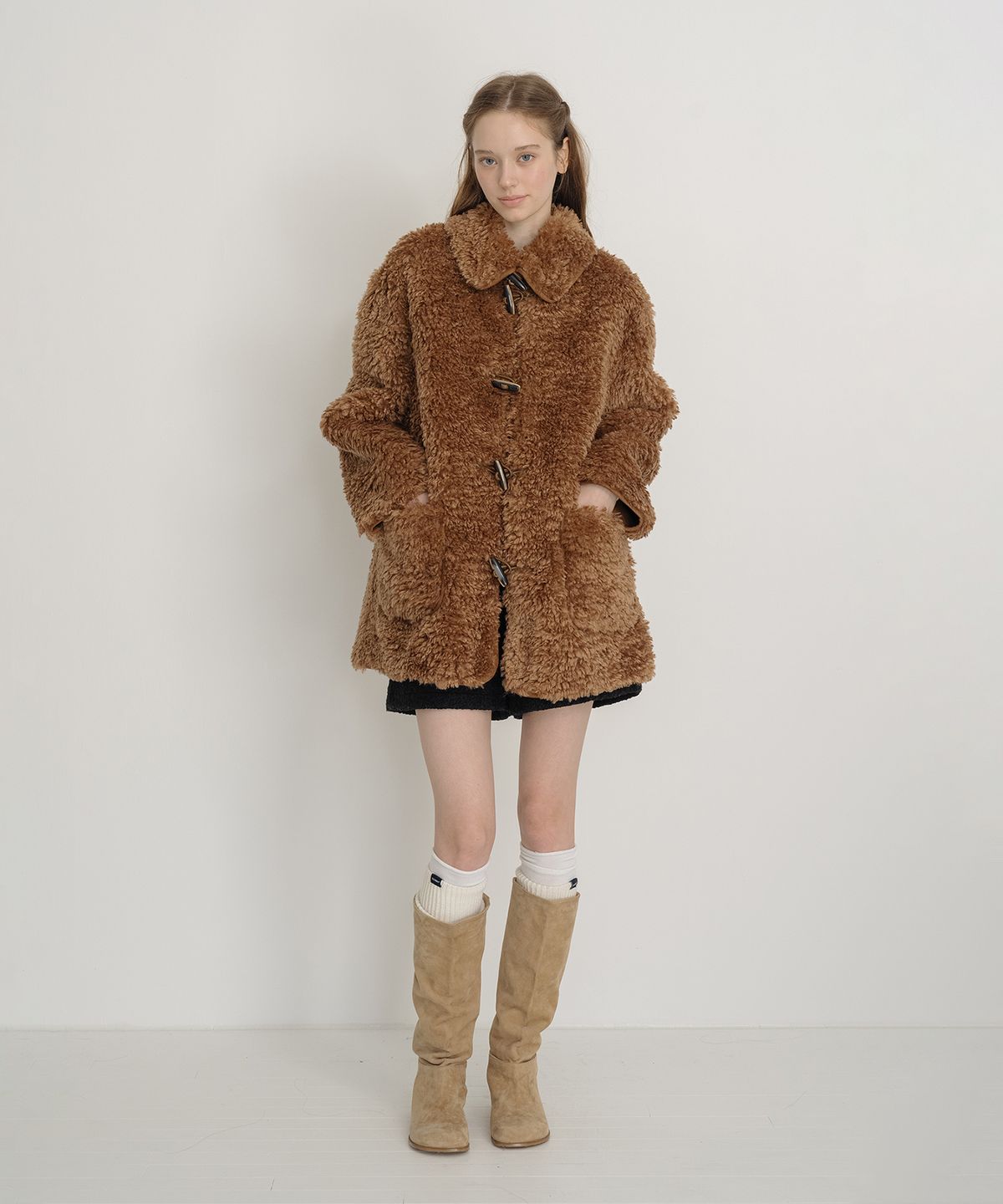 클루니(CLUNY) [SET] Muffler + Fur Half Coat - Brown