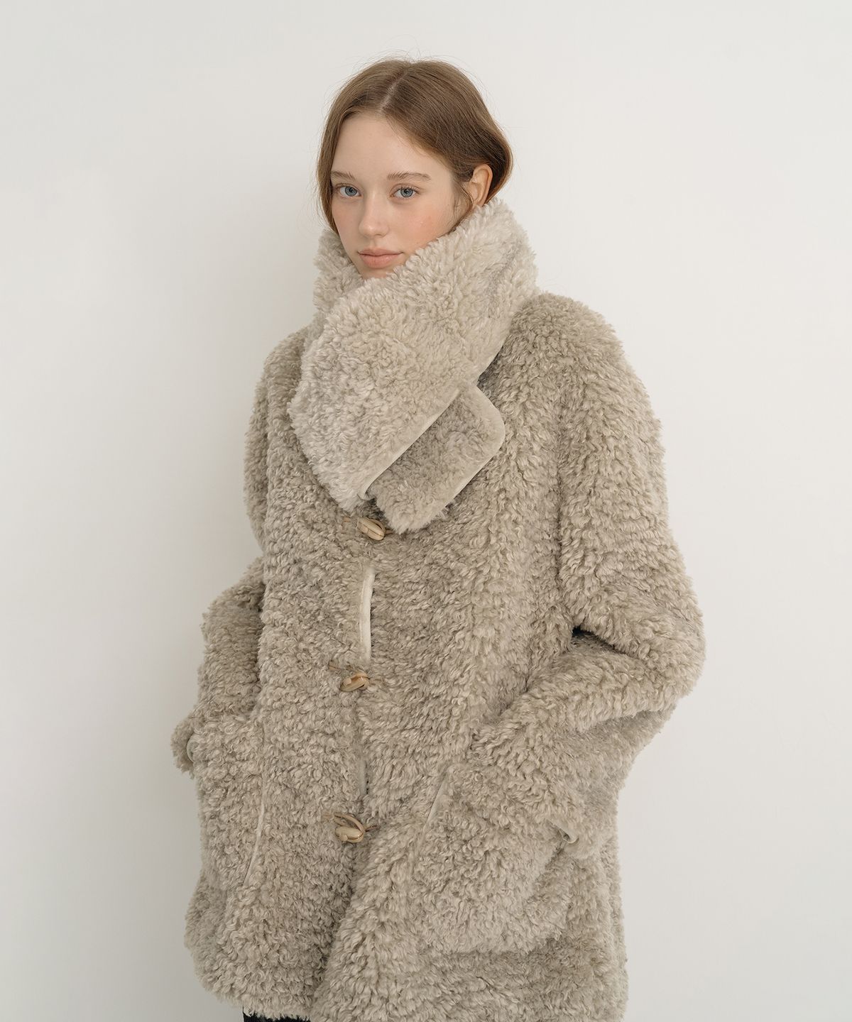 클루니(CLUNY) [SET] Muffler + Fur Half Coat - Gray
