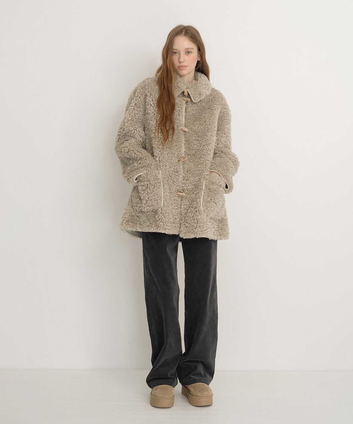 클루니(CLUNY) [SET] Muffler + Fur Half Coat - Gray