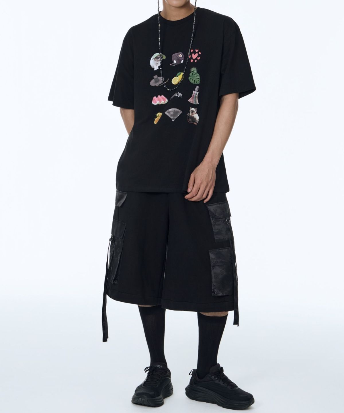 칠 하나 투 구육(71TO96) Hanbok Fabric Cargo Bermuda Pants (Black)