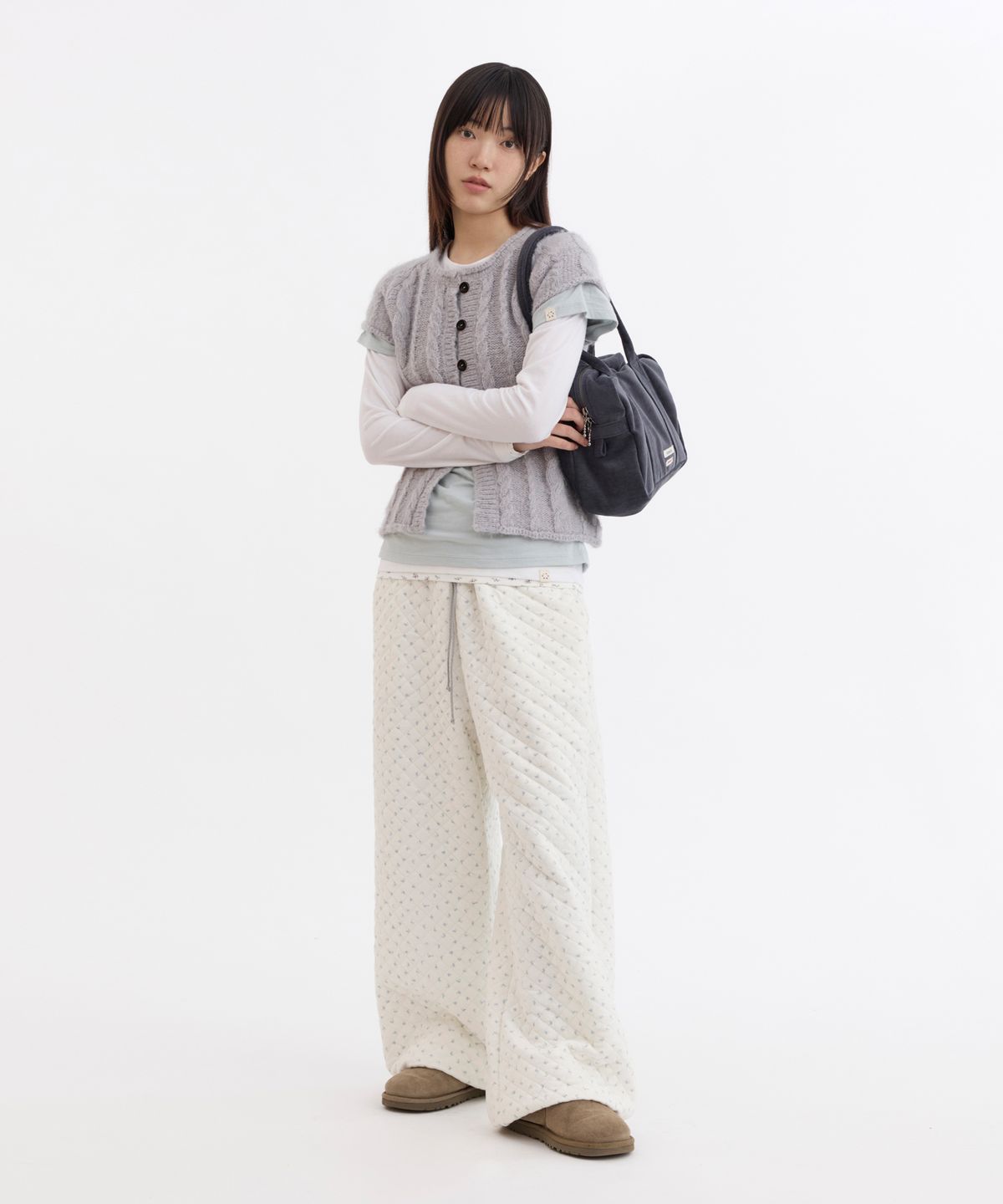 오헤시오(OHESHIO) VELOUR SASHIKO SHOULDER BAG, CHARCOAL