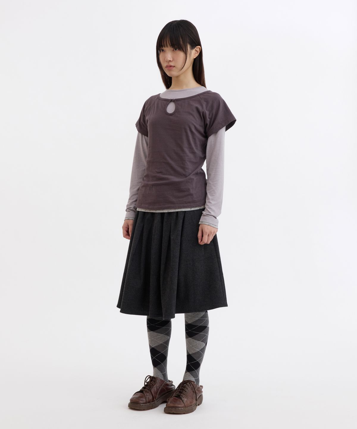 오헤시오(OHESHIO) GATHERED BUTTON MIDI SKIRT, CHARCOAL