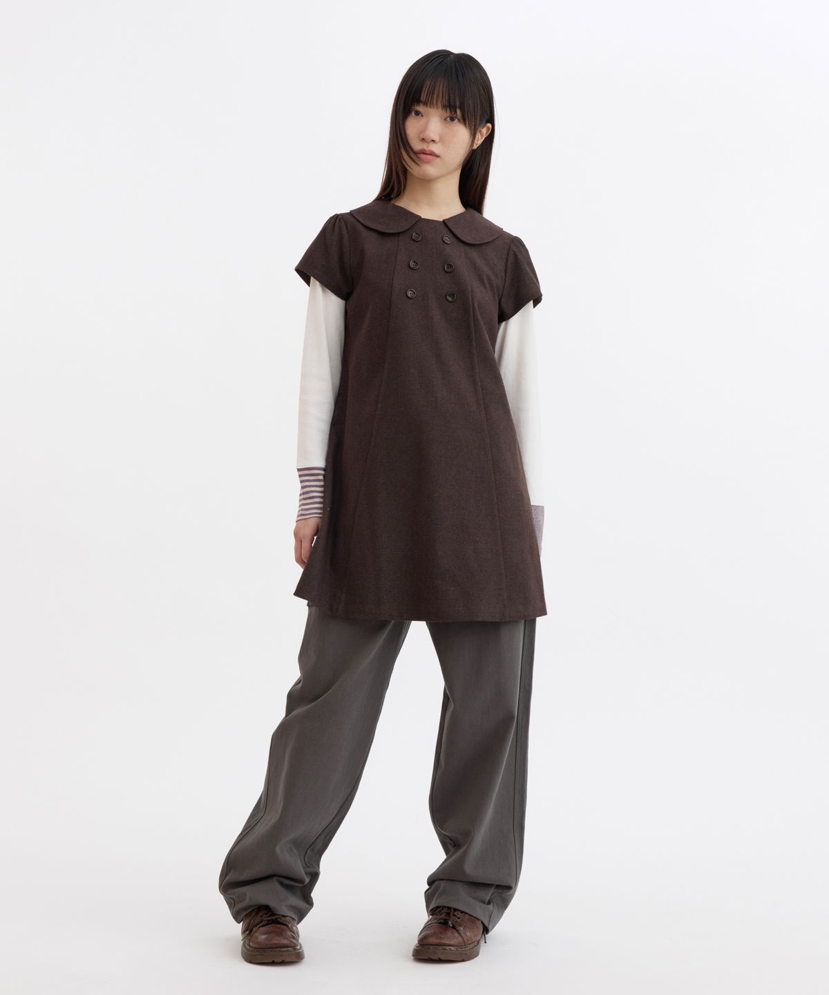 오헤시오(OHESHIO) DOUBLE BUTTON MINI DRESS, BROWN