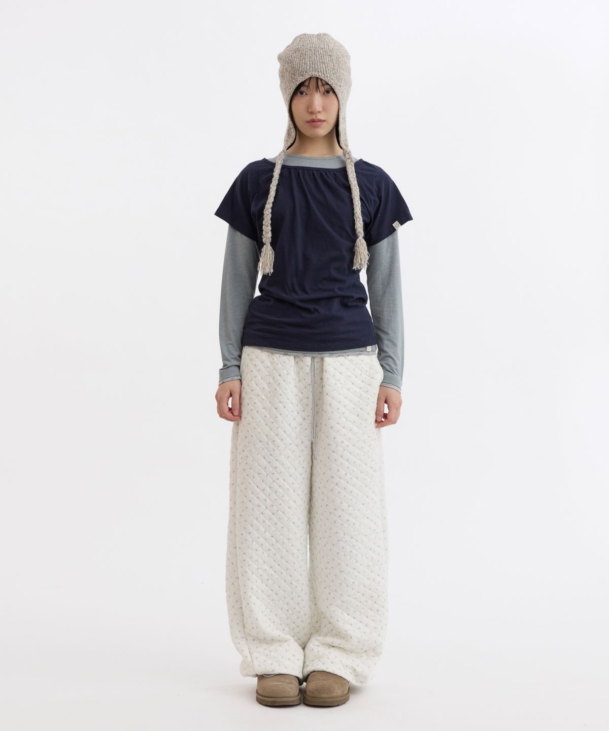 오헤시오(OHESHIO) FLORAL QUILTED OVERSIZED BANDING PANTS, BLUE FLORAL