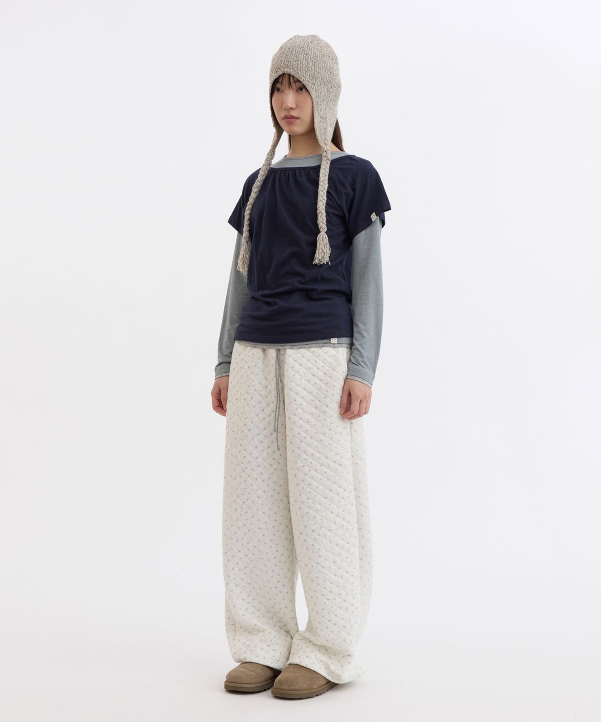 오헤시오(OHESHIO) FLORAL QUILTED OVERSIZED BANDING PANTS, BLUE FLORAL