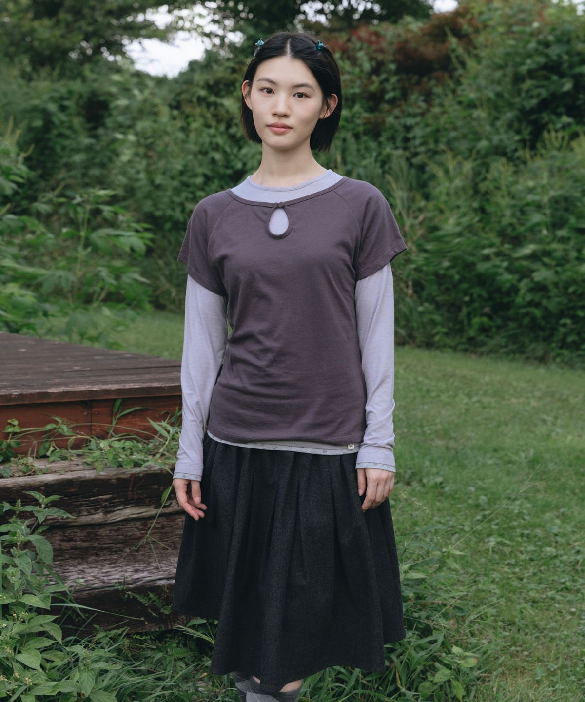 오헤시오(OHESHIO) FLORAL LAYERED LONG SLEEVE, SKY BLUE