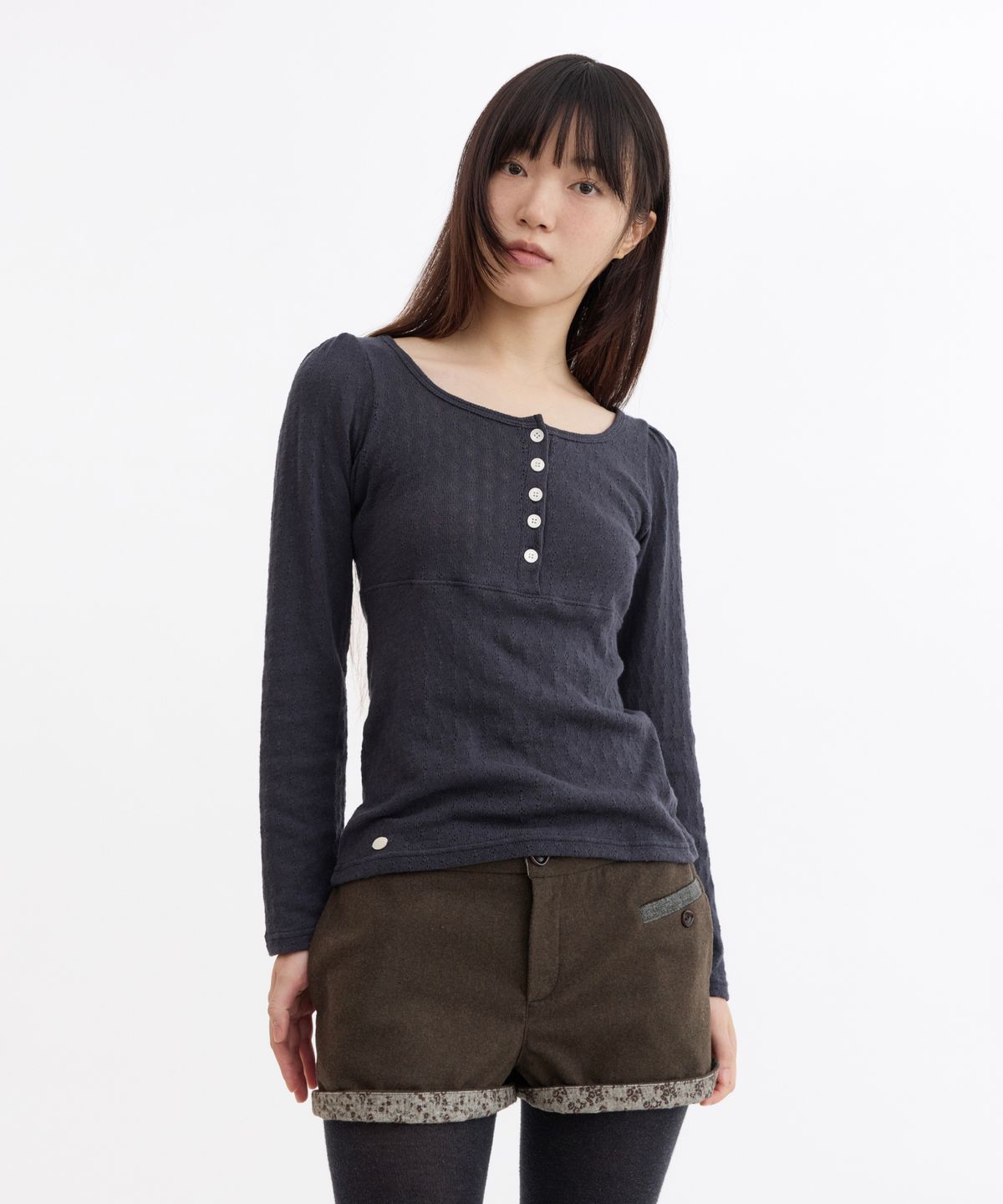 오헤시오(OHESHIO) PUNCHING SQUARE BUTTON KNIT LONG SLEEVE, NAVY