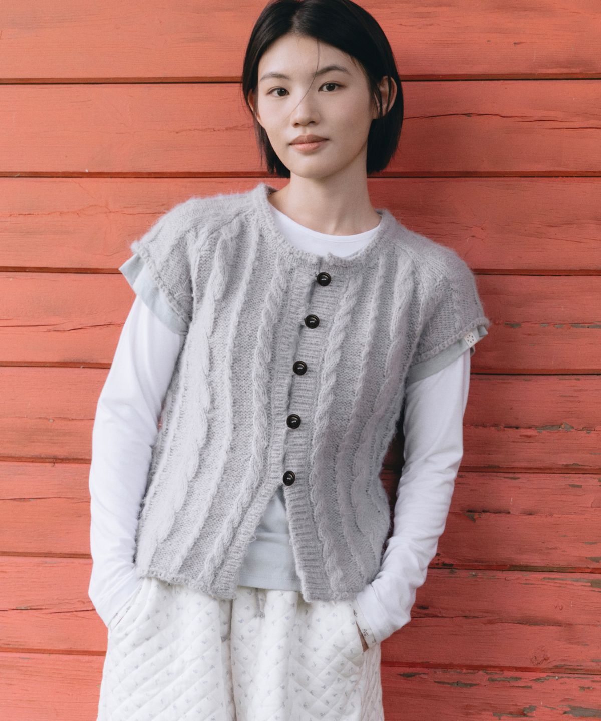오헤시오(OHESHIO) BUTTON SHORT SLEEVE KNIT VEST, NAVY