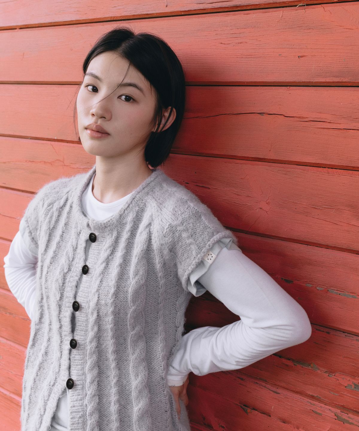 오헤시오(OHESHIO) BUTTON SHORT SLEEVE KNIT VEST, SKY BLUE