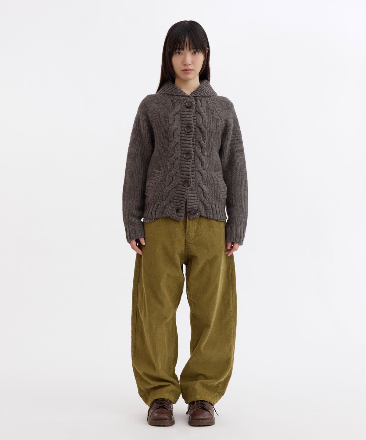 오헤시오(OHESHIO) SHAWL COLLAR CABLE KNIT CARDIGAN, CHARCOAL