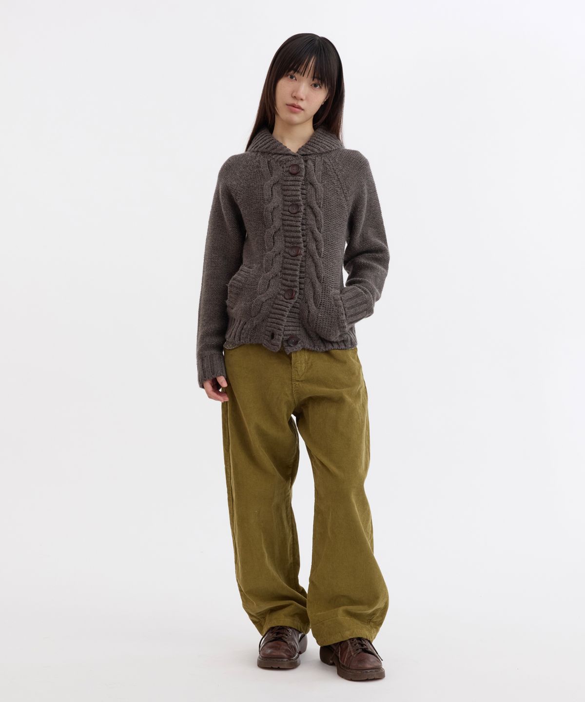 오헤시오(OHESHIO) SHAWL COLLAR CABLE KNIT CARDIGAN, CHARCOAL