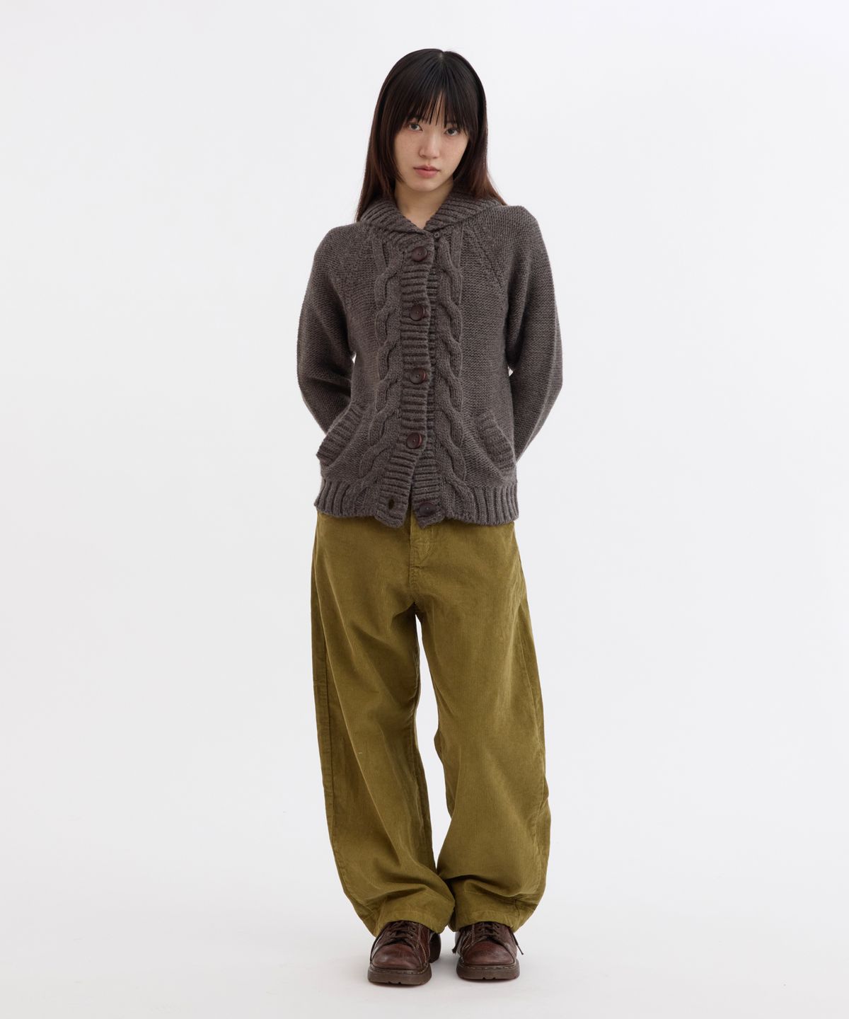 오헤시오(OHESHIO) SHAWL COLLAR CABLE KNIT CARDIGAN, CHARCOAL