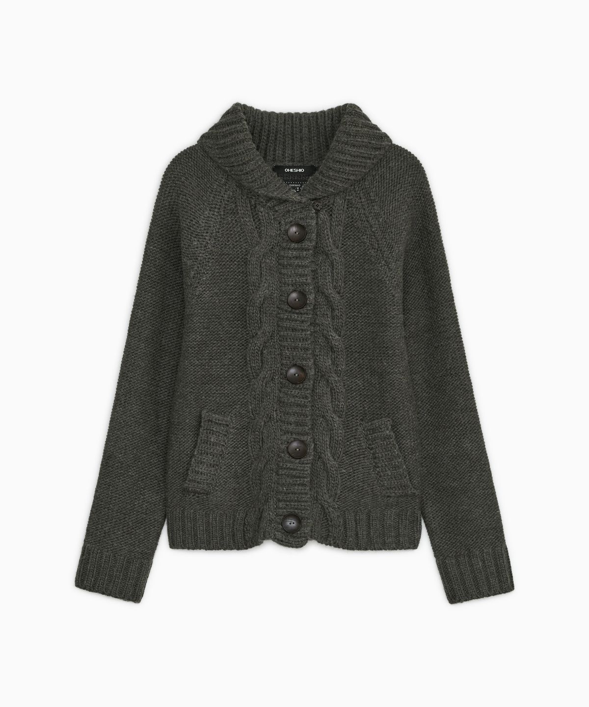 오헤시오(OHESHIO) SHAWL COLLAR CABLE KNIT CARDIGAN, CHARCOAL