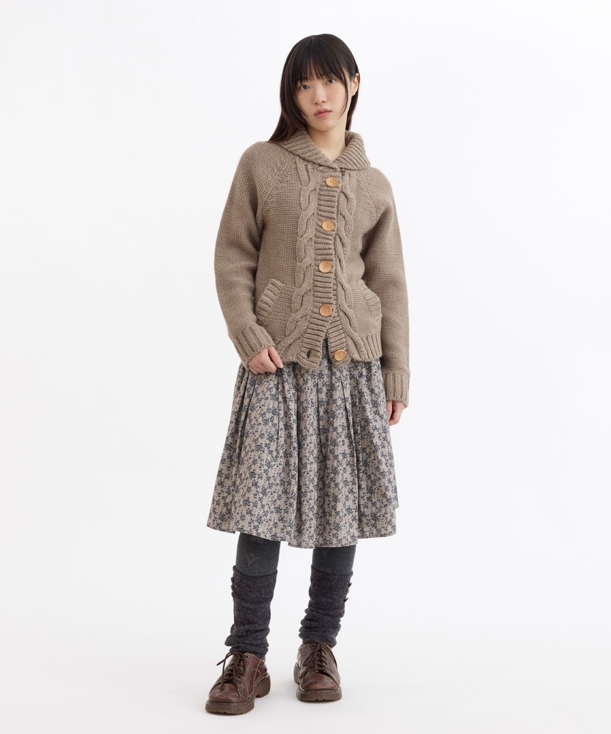 오헤시오(OHESHIO) SHAWL COLLAR CABLE KNIT CARDIGAN, KHAKI BEIGE